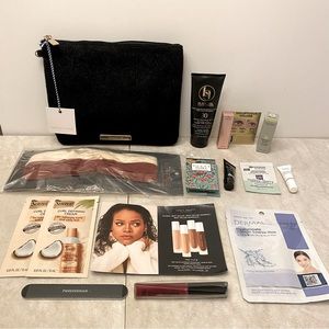 Black faux fur makeup bag and samples